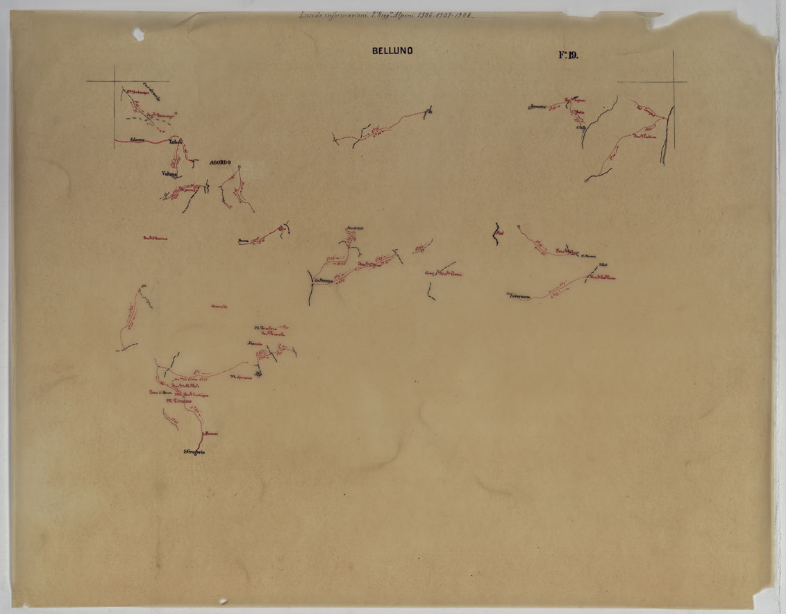(N:25397) CARTA ITINERARIA D'ITALIA PER GLI ALPINI NORMALI D'ARCHIVIO CON AGGIORNAMEMTO FINO AL 1910 EDIZIONE COMPLETA ANNO 1908 - FOGLIO  19 BELLUNO. (CA007911, CA007912, CA007913) Carte e stampe antiche: riproduzione a colori su carta (formato A1)