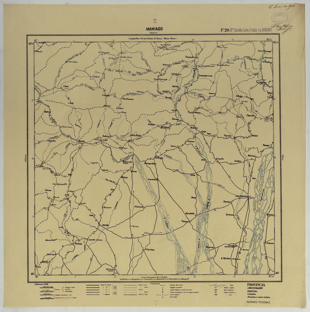 (N:25398) CARTA ITINERARIA D'ITALIA PER GLI ALPINI NORMALI D'ARCHIVIO CON AGGIORNAMENTO FINO AL 1910 EDIZIONE COMPLETA ANNO 1906 - FOGLIO 20 MANIAGO. (CA007914) Carte e stampe antiche: riproduzione a colori su carta (formato A1)
