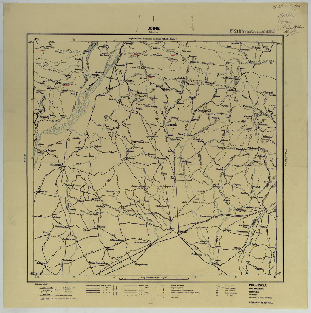 (N:25399) CARTA ITINERARIA D'ITALIA PER GLI ALPINI NORMALI D'ARCHIVIOCON AGGIORNAMENTO FINO AL 1910 EDIZIONE COMPLETA ANNO 1906 - FOGLIO 21 UDINE. (CA007915) Carte e stampe antiche: riproduzione a colori su carta (formato A1)