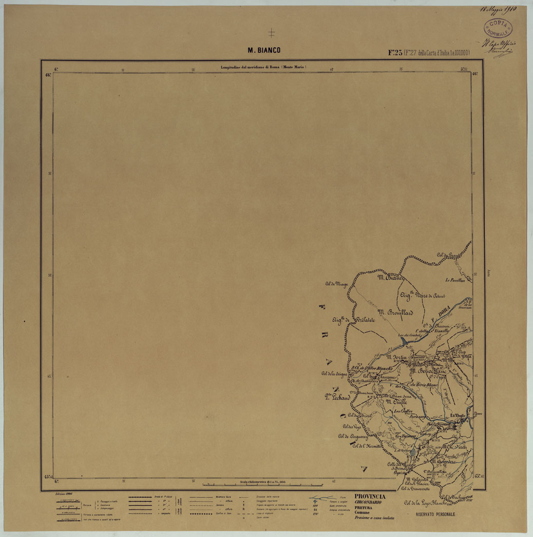 (N:25420) CARTA ITINERARIA D'ITALIA PER GLI ALPINI NORMALI D'ARCHIVIO CON AGGIORNAMENTO FINO AL 1910 EDIZIONE COMPLETA ANNO 1906 - FOGLIO 23 M. BIANCO. (CA007917) Carte e stampe antiche: riproduzione a colori su carta (formato A1)