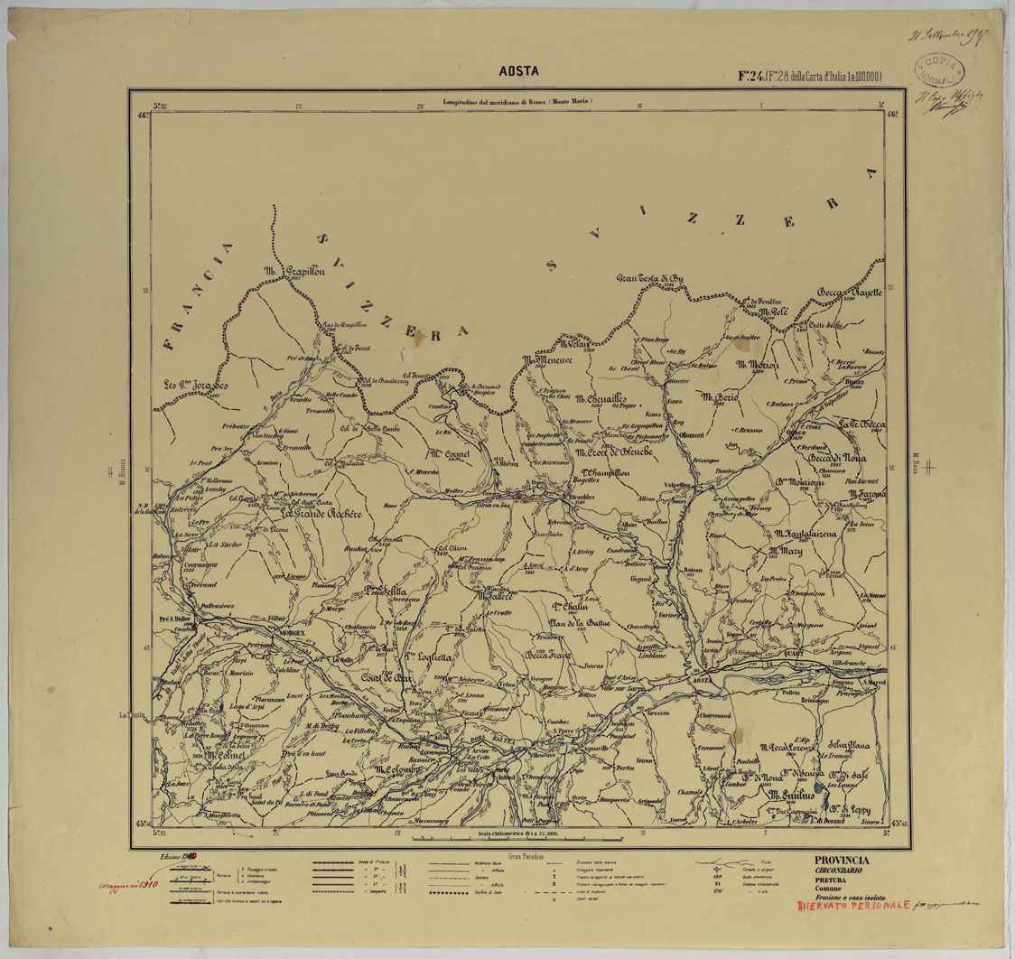 (N:25402) CARTA ITINERARIA D'ITALIA PER GLI ALPINI NORMALI D'ARCHIVIO CON AGGIORNAMENTO FINO AL 1910 EDIZIONE COMPLETA ANNO 1910 - FOGLIO 24 AOSTA. (CA007918, CA007919) Carte e stampe antiche: riproduzione a colori su carta (formato A1)