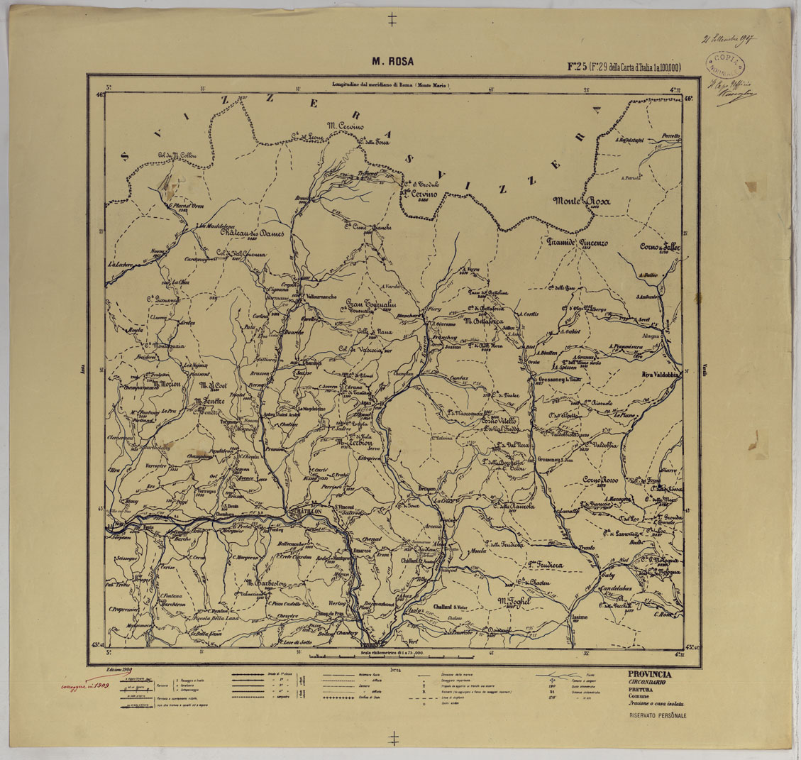 (N:25401) CARTA ITINERARIA D'ITALIA PER GLI ALPINI NORMALI D'ARCHIVIO CON AGGIORNAMENTO FINO AL 1910 EDIZIONE COMPLETA ANNO 1909 - FOGLIO 25 M. ROSA. (CA007920, CA007921) Carte e stampe antiche: riproduzione a colori su carta (formato A1)