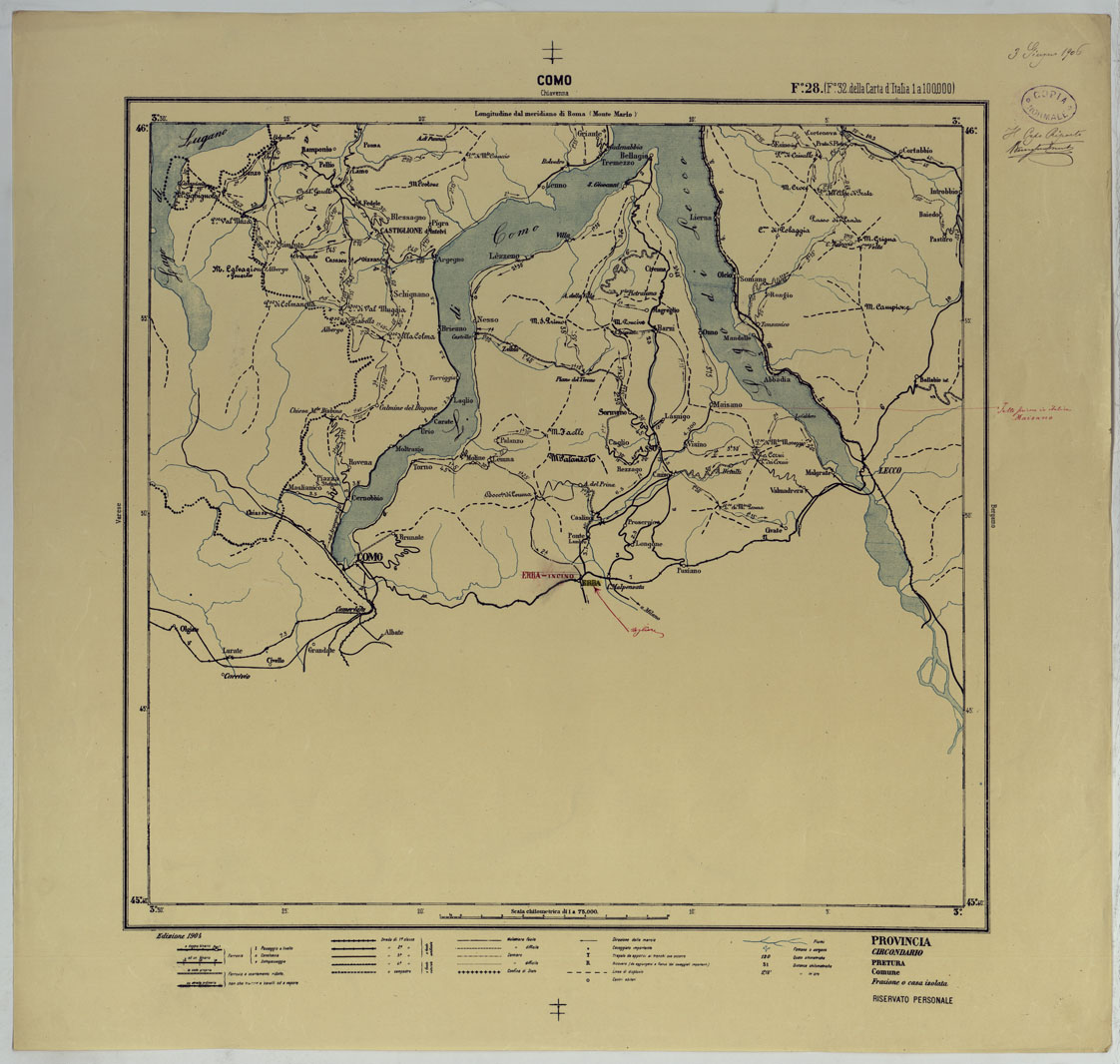 (N:25405) CARTA ITINERARIA D'ITALIA PER GLI ALPINI NORMALI D'ARCHIVIO CON AGGIORNAMENTO FINO AL 1910 EDIZIONE COMPLETA ANNO 1904 - FOGLIO 28 COMO. (CA007925) Carte e stampe antiche: riproduzione a colori su carta (formato A1)
