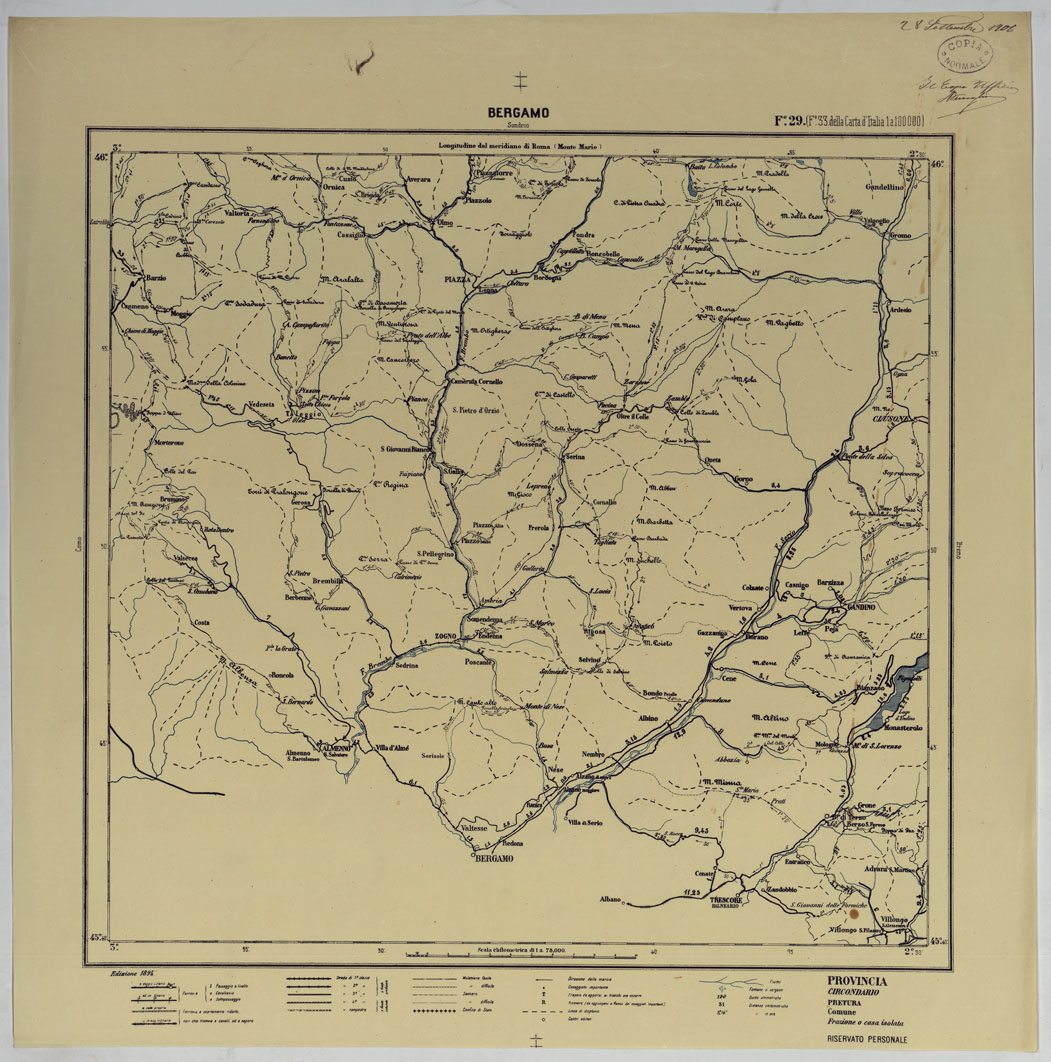 (N:25406) CARTA ITINERARIA D'ITALIA PER GLI ALPINI NORMALI D'ARCHIVIO CON AGGIORNAMENTO FINO AL 1910 EDIZIONE COMPLETA ANNO 1894 - FOGLIO 29 BERGAMO. (CA007926) Carte e stampe antiche: riproduzione a colori su carta (formato A1)