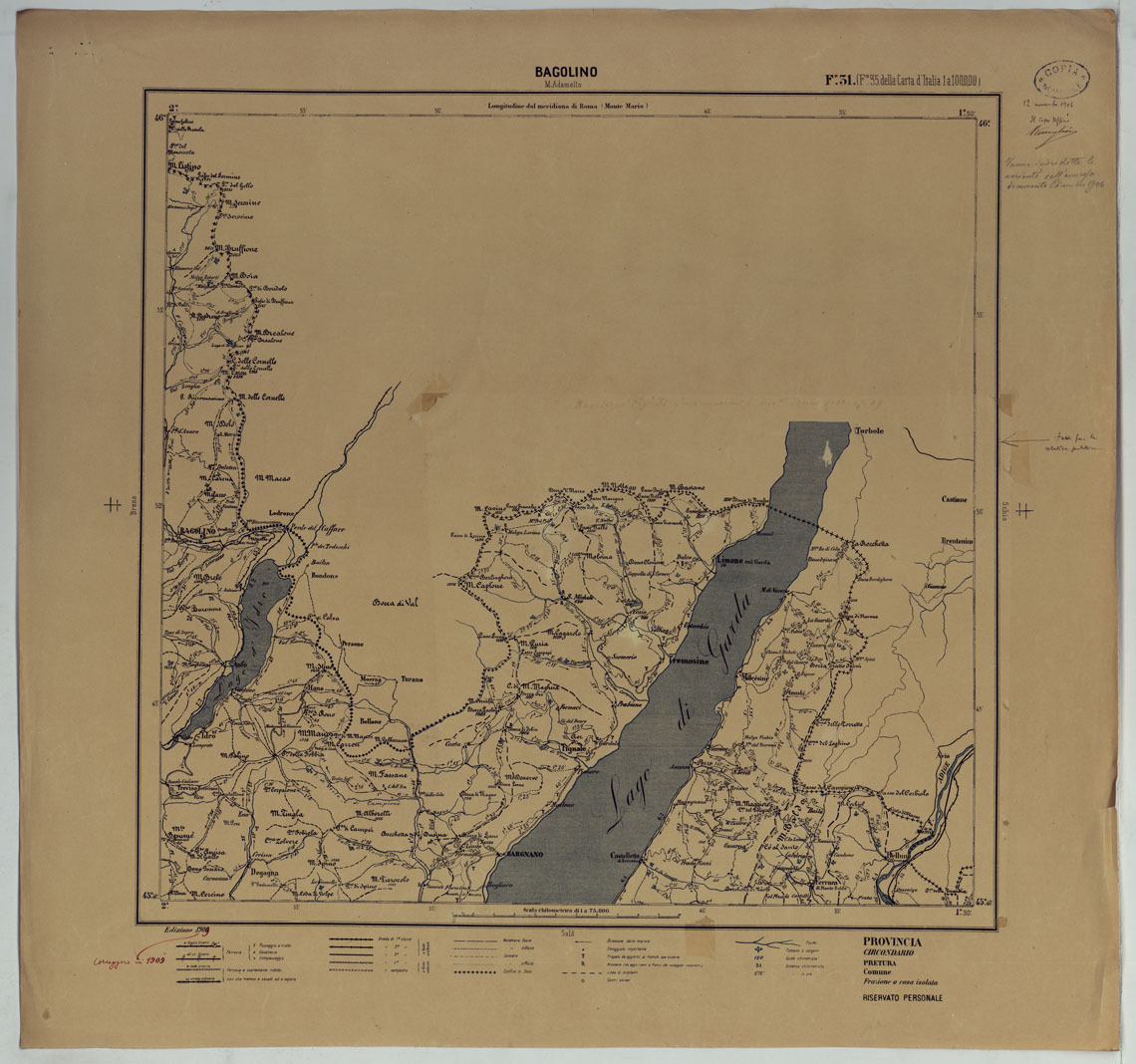 (N:25408) CARTA ITINERARIA D'ITALIA PER GLI ALPINI NORMALI D'ARCHIVIO CON AGGIORNAMENTO FINO AL 1910 EDIZIONE COMPLETA ANNO 1909 - FOGLIO 31 BAGOLINO.
0 (CA007929, CA007930) Carte e stampe antiche: riproduzione a colori su carta (formato A1)