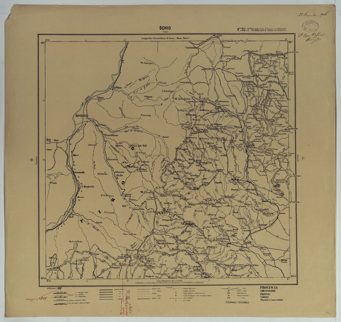(N:25409) CARTA ITINERARIA D'ITALIA PER GLI ALPINI NORMALI D'ARCHIVIO CON AGGIORNAMENTO FINO AL 1910 EDIZIONE COMPLETA ANNO 1909 - FOGLIO 32 SCHIO. (CA007931) Carte e stampe antiche: riproduzione a colori su carta (formato A1)