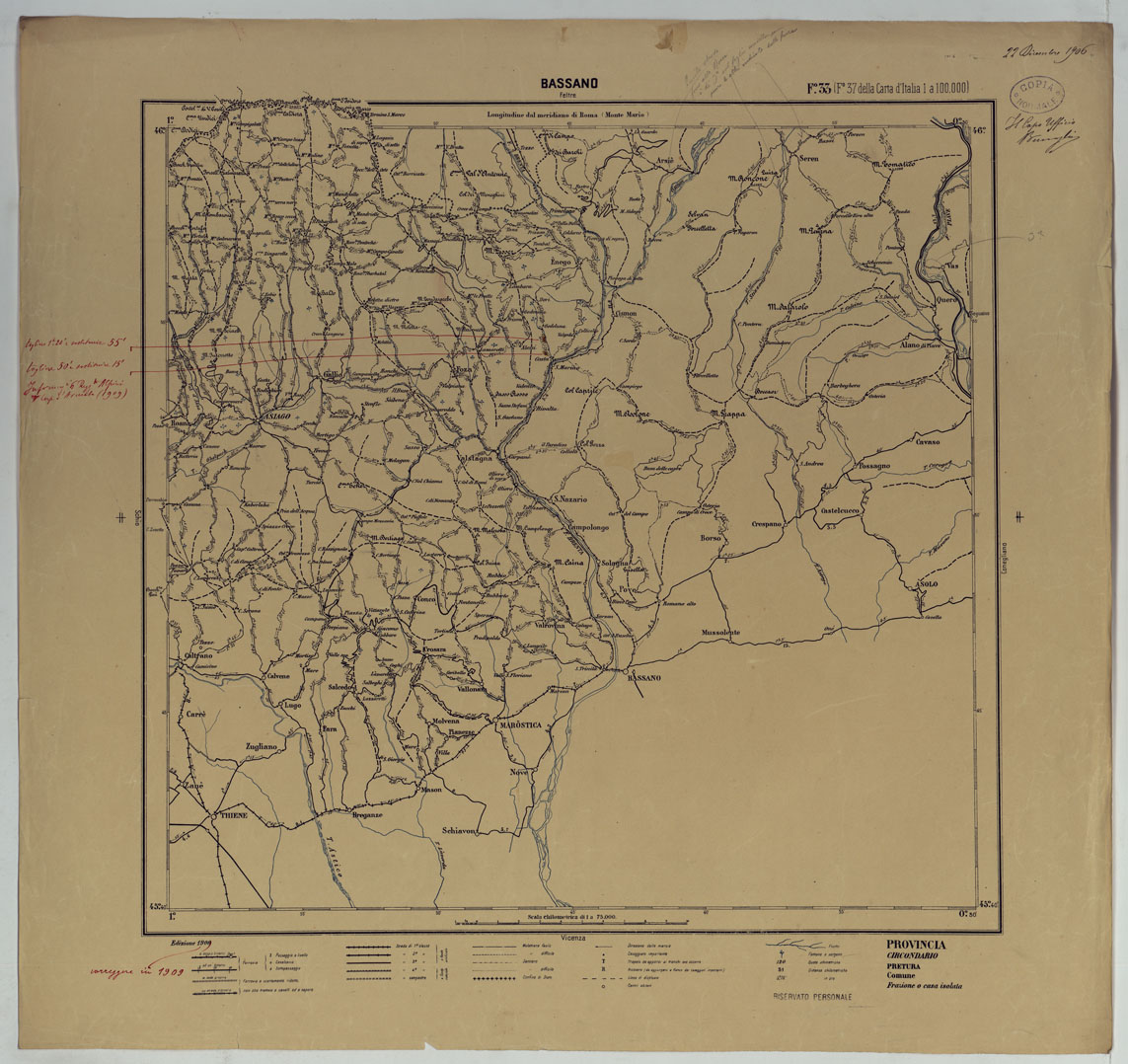 (N:25410) CARTA ITINERARIA D'ITALIA PER GLI APLINI NORMALI D'ARCHIVIO CON AGGIORNAMENTO FINO AL 1910 EDIZIONE COMPLETA ANNO 1909 - FOGLIO 33 BASSANO. (CA007932, CA007933) Carte e stampe antiche: riproduzione a colori su carta (formato A1)