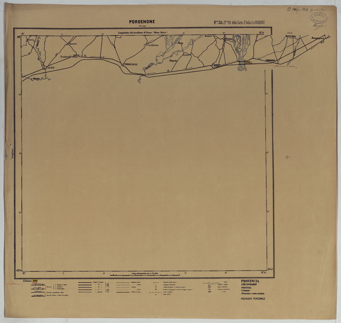 (N:25412) CARTA ITINERARIA D'ITALIA PER GLI ALPINI NORMALI D'ARCHIVIO CON AGGIORNAMENTO FINO AL 1910 EDIZIONE COMPLETA ANNO 1906 - FOGLIO 35 PORDENONE. (CA007935) Carte e stampe antiche: riproduzione a colori su carta (formato A1)