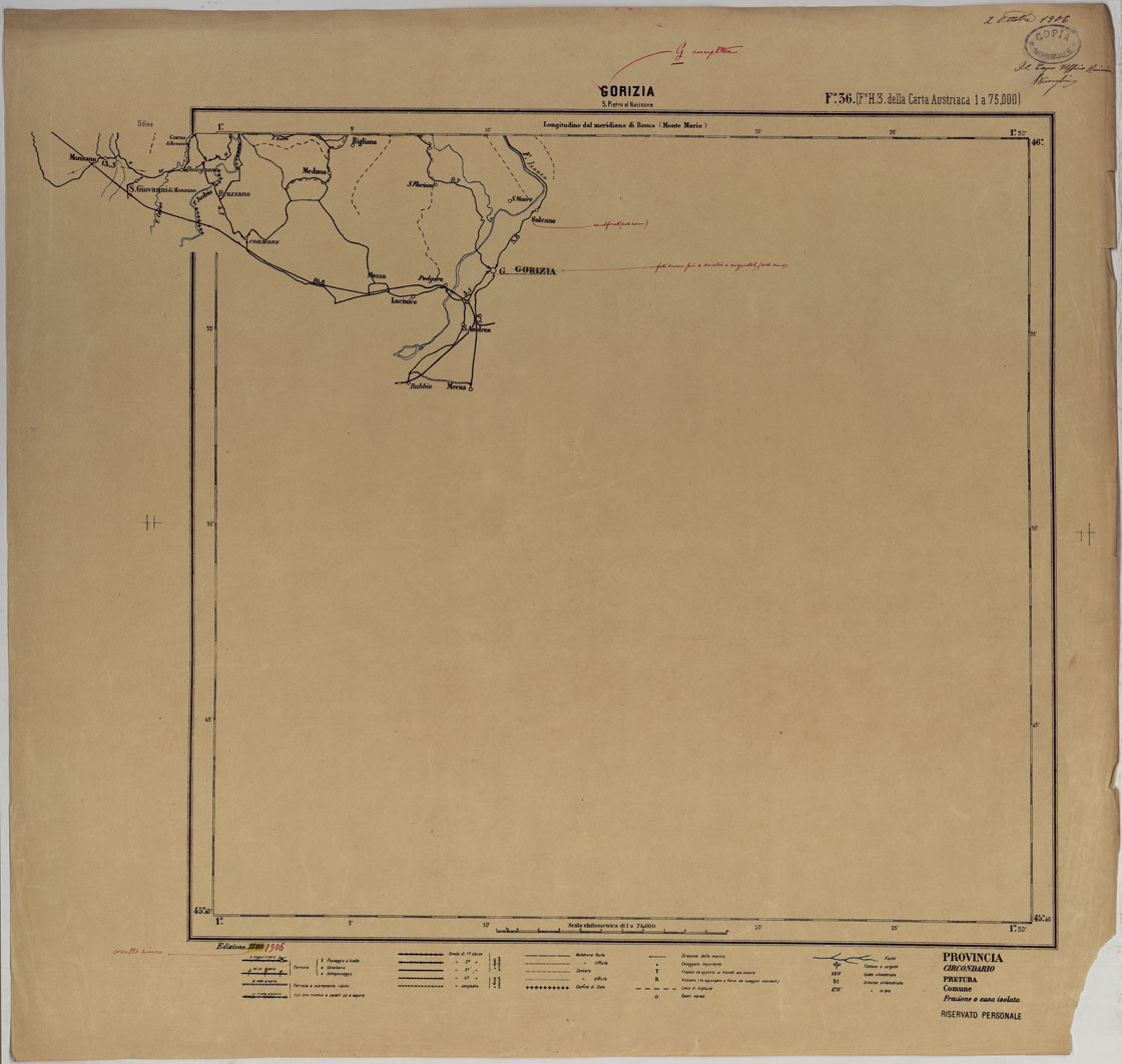 (N:25413) CARTA ITINERARIA D'ITALIA PER GLI ALPINI NORMALI D'ARCHIVIO CON AGGIORNAMENTO FINO AL 1910 EDIZIONE COMPLETA ANNO 1906 - FOGLIO 36 GORIZIA. (CA007936) Carte e stampe antiche: riproduzione a colori su carta (formato A1)