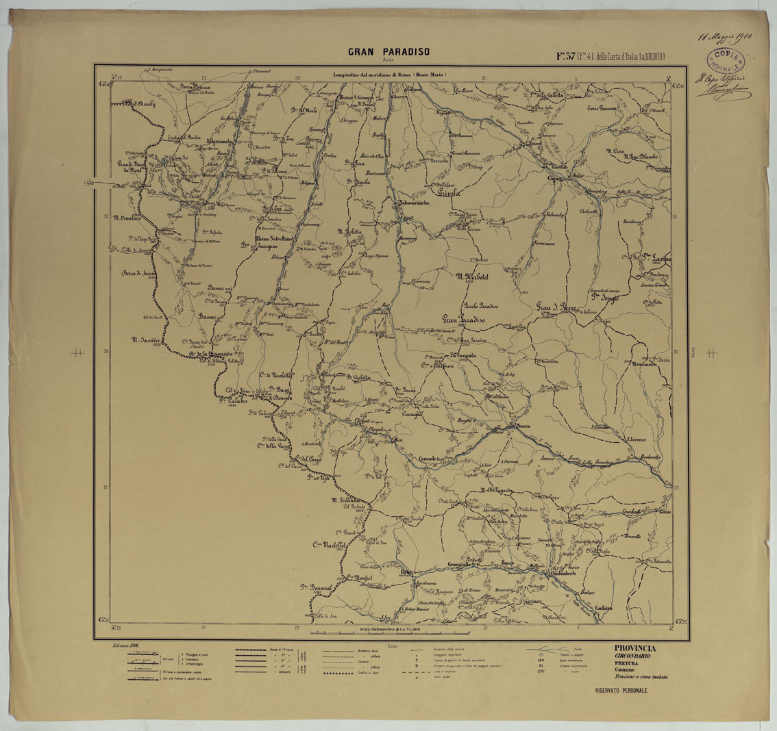 (N:25421) CARTA ITINERARIA D'ITALIA PER GLI ALPINI NORMALI D'ARCHIVIO CON AGGIORNAMENTO FINO AL 1910 EDIZIONE COMPLETA ANNO 1906 - FOGLIO 37 GRAN PARADISO. (CA007937) Carte e stampe antiche: riproduzione a colori su carta (formato A1)