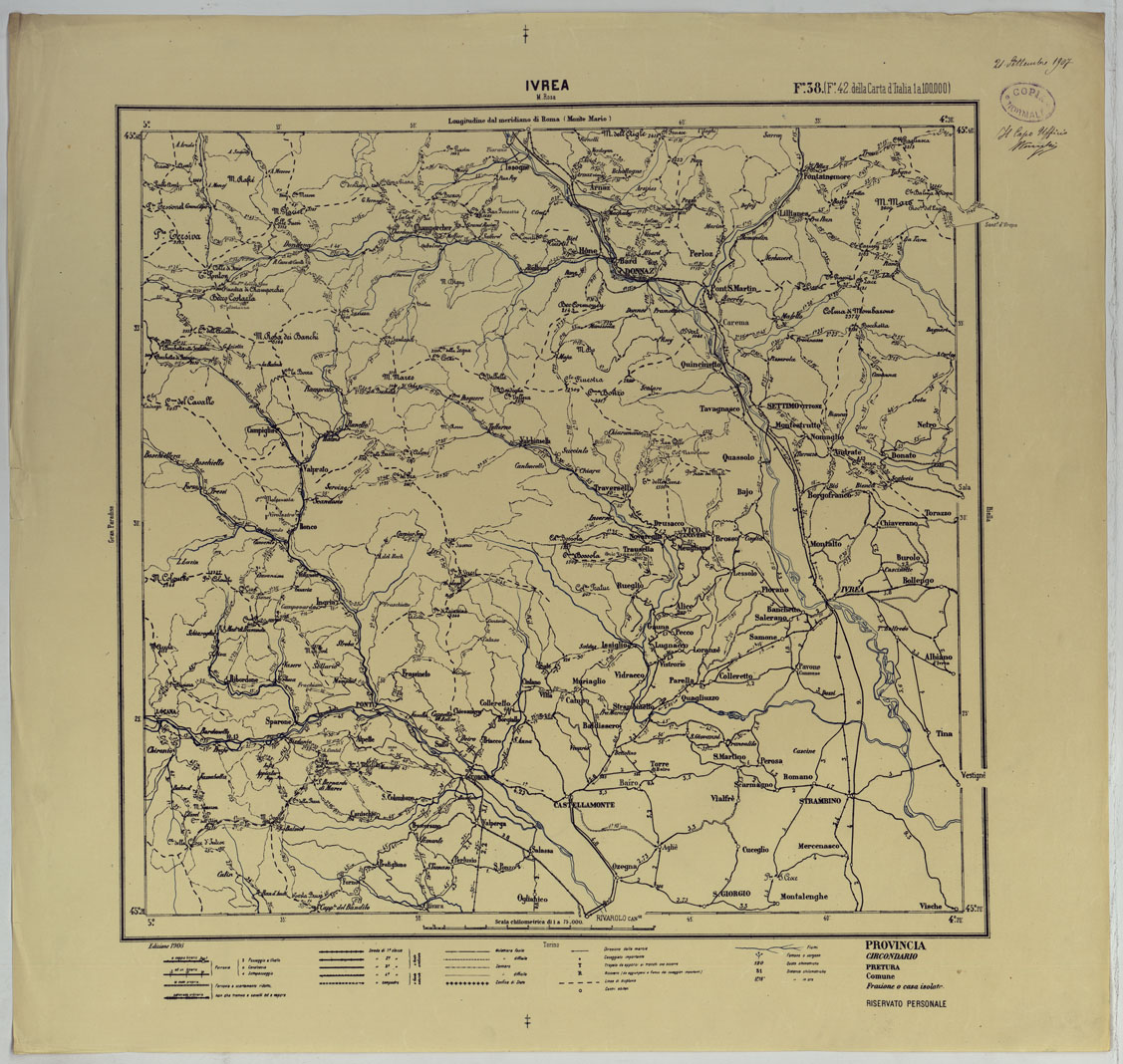 (N:25422) CARTA ITINERARIA D'ITALIA PER LI ALPINI NORMALI D'ARCHIVIO CON AGGIORNAMENTO FINO AL 1910 EDIZIONE COMPLETA ANNO 1906 - FOGLIO 38 IVREA. (CA007938) Carte e stampe antiche: riproduzione a colori su carta (formato A1)