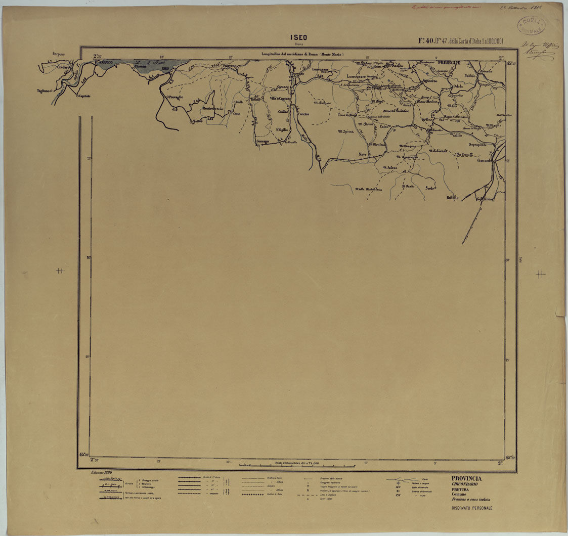 (N:25424) CARTA ITINERARIA D'ITALIA PER GLI ALPINI NORMALI D'ARCHIVIO CON AGGIORNAMENTO FINO AL 1910 EDIZIONE COMPLETA ANNO 1890 - FOGLIO 40 ISEO. (CA007941) Carte e stampe antiche: riproduzione a colori su carta (formato A1)