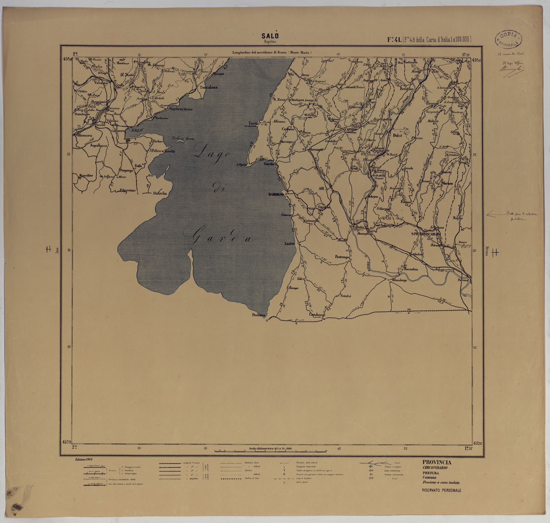 (N:25425) CARTA ITINERARIA D'ITALIA PER GLI ALPINI NORMALI D'ARCHIVIO CON AGGIORNAMENTO FINO AL 1910 EDIZIONE COMPLETA ANNO 1905 - FOGLIO 41 SALO'. (CA007942) Carte e stampe antiche: riproduzione a colori su carta (formato A1)