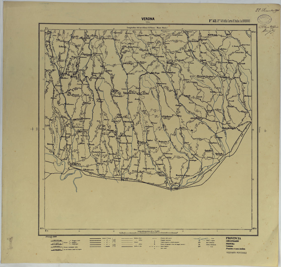 (N:25426) CARTA ITINERARIA D'ITALIA PER GLI ALPINI NORMALI D'ARCHIVIO CON AGGIORNAMENTO FINO AL 1910 EDIZIOE COMPLETA ANNO 1906 - FOGLIO 42 VERONA. (CA007943) Carte e stampe antiche: riproduzione a colori su carta (formato A1)