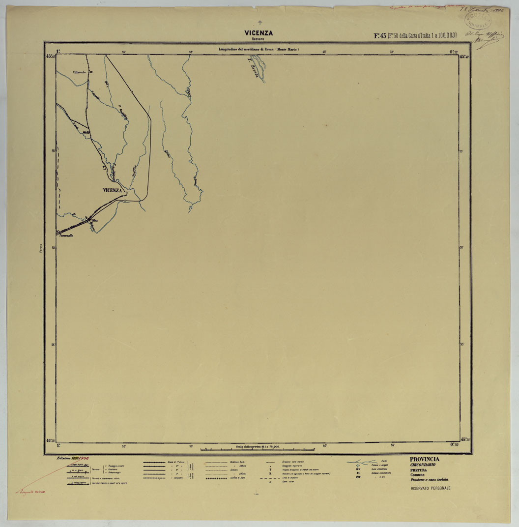 (N:25427) CARTA ITINERARIA D'ITALIA PER GLI ALPINI NORMALI D'ARCHIVIO CON AGGIORNAMENTO FINO AL 1910 EDIZIONE COMPLETA ANNO 1906 - FOGLIO 43 VICENZA. (CA007944) Carte e stampe antiche: riproduzione a colori su carta (formato A1)