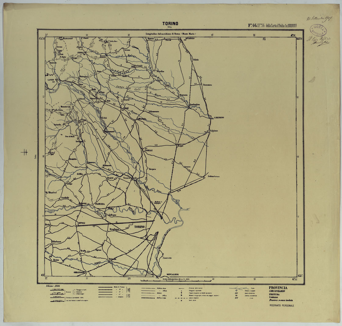 (N:25430) CARTA ITINERARIA D'ITALIA PER GLI ALPINI NORMALI D'ARCHIVIO CON AGGIORNAMENTO FINO AL 1910 EDIZIONE COMPLETA ANNO 1907 - FOGLIO 46 TORINO. (CA007948) Carte e stampe antiche: riproduzione a colori su carta (formato A1)