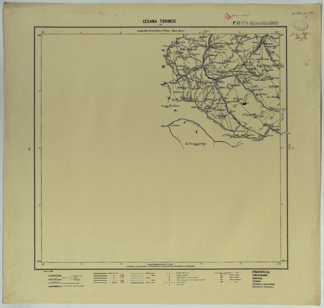 (N:25431) CARTA ITINERARIA D'ITALIA PER GLI ALPINI NORMALI D'ARCHIVIO CON AGGIORNAMENTO FINO AL 1910 EDIZIONE COMPLETA ANNO 1906 - FOGLIO 47 CESANA. (CA007949) Carte e stampe antiche: riproduzione a colori su carta (formato A1)