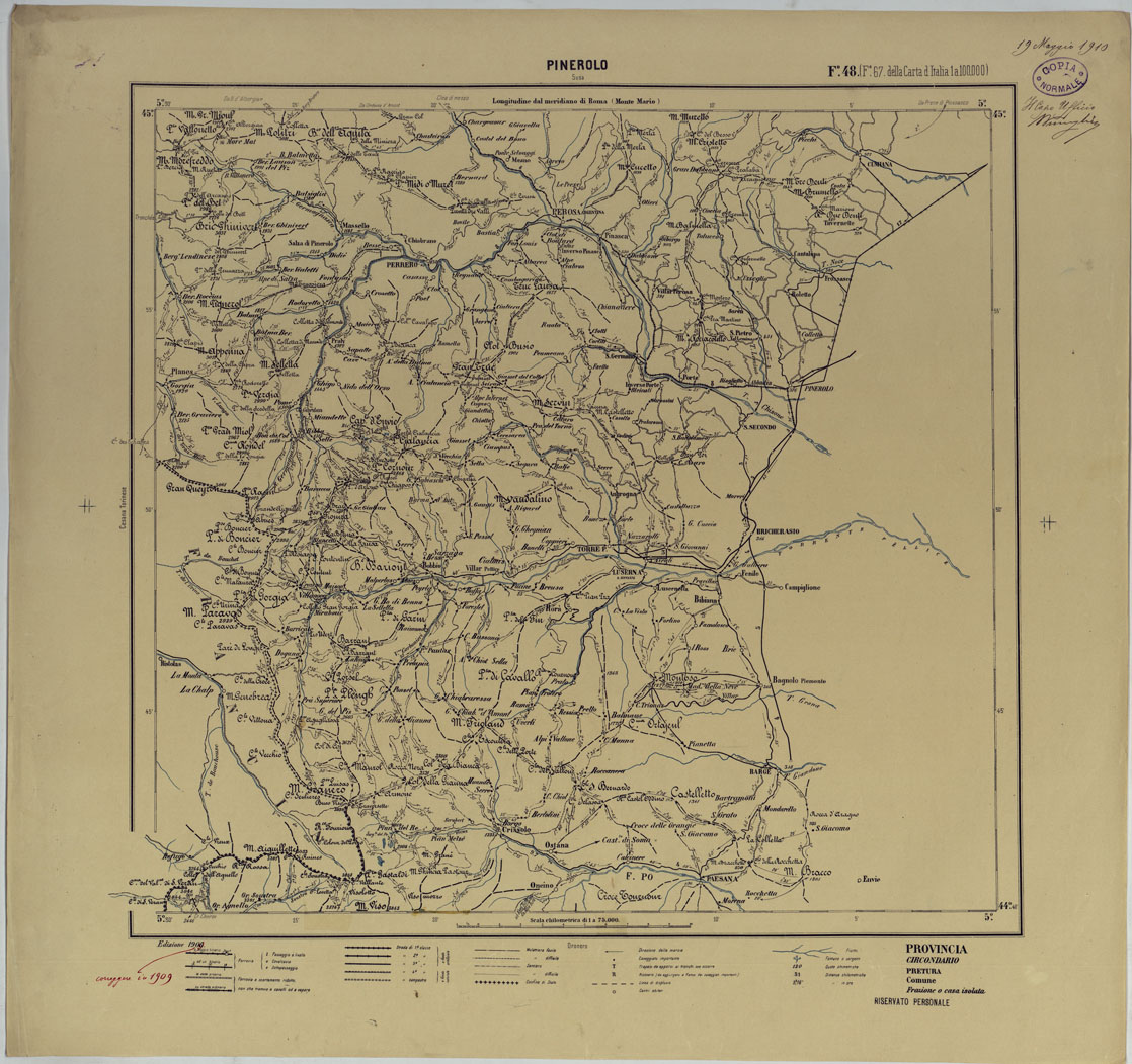 (N:25432) CARTA ITINERARIA D'ITALIA PER GLI ALPINI NORMALI D'ARCHIVIO CON AGGIORNAMENTO FINO AL 1910 EDIZIONE COMPLETA ANNO 1909 - FOGLIO 48 PINEROLO. (CA007950, CA007951) Carte e stampe antiche: riproduzione a colori su carta (formato A1)