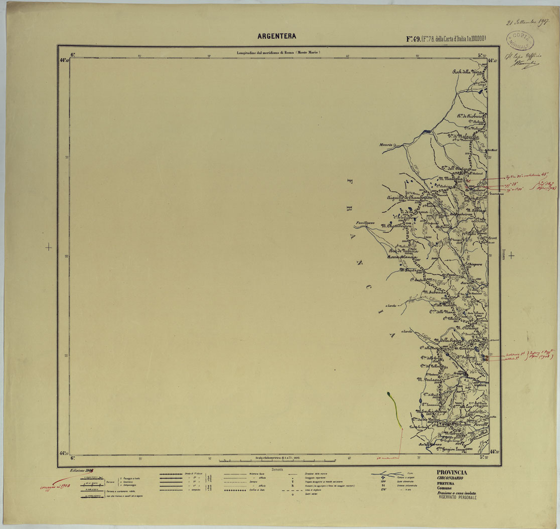 (N:25433) CARTA ITINERARIA D'ITALIA PER GLI ALPPINI NORMALI D'ARCHIVIO CON AGGIORNAMENTO FINO AL 1910 EDIZIONE COMPLETA ANNO 1908 - FOGLIO 49 ARGENTERA. (CA007952) Carte e stampe antiche: riproduzione a colori su carta (formato A1)