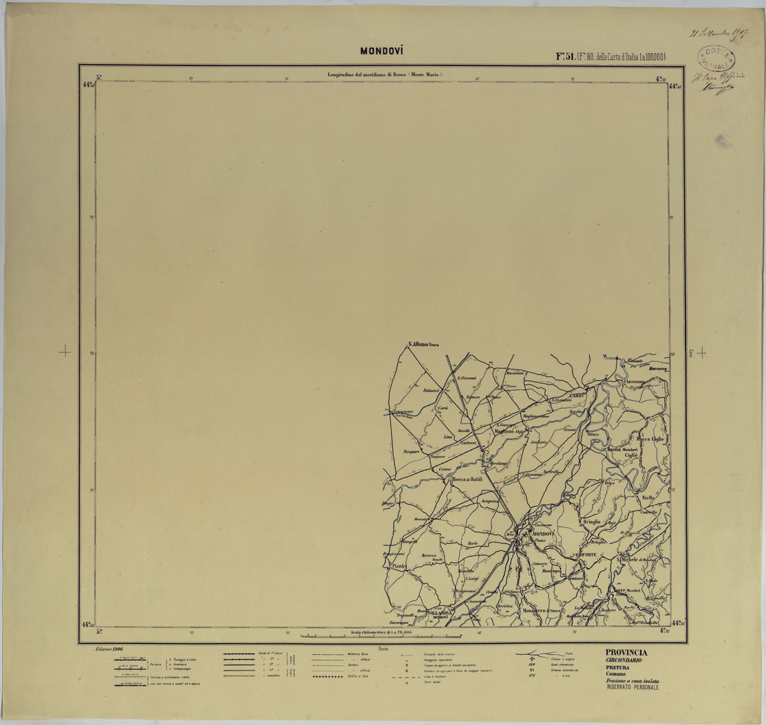 (N:25435) CARTA ITINERARIA D'ITALIA PER GLI ALPINI MORMALI D'ARCHIVIO CON AGGIORNAMENTO FINO AL 1910 EDIZIONE COMPLETA ANNO 1906 - FOGLIO 51 MONDOVI'. (CA007955) Carte e stampe antiche: riproduzione a colori su carta (formato A1)