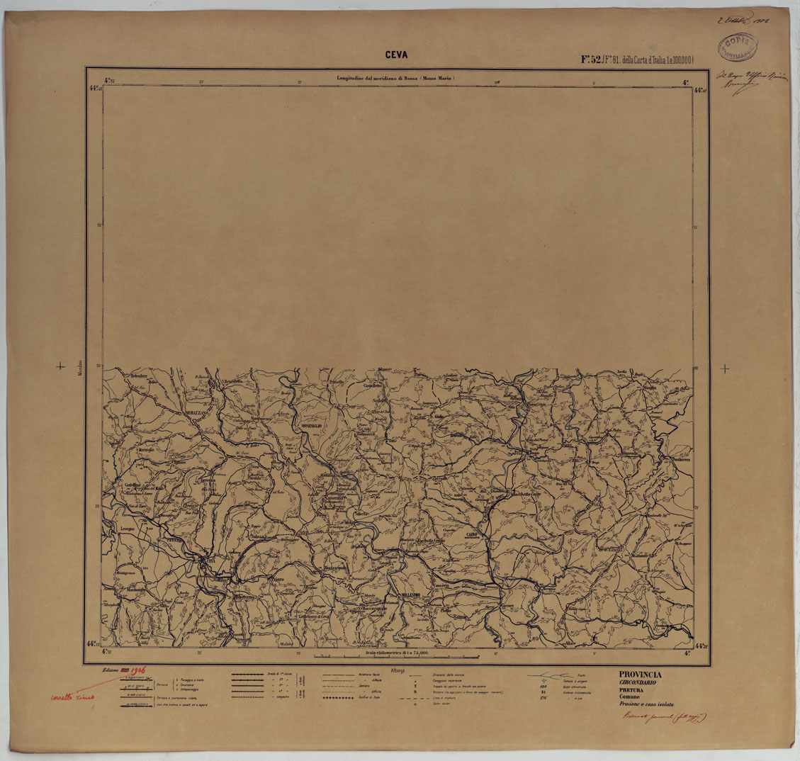 (N:25436) CARTA ITINERARIA D'ITALIA PER GLI ALPINI NORMALI D'ARCHIVIO CON AGGIORNAMENTO FINO AL 1910 EDIZIONE COMPLETA ANNO 1906 - FOGLIO 52 CEVA. (CA007956) Carte e stampe antiche: riproduzione a colori su carta (formato A1)