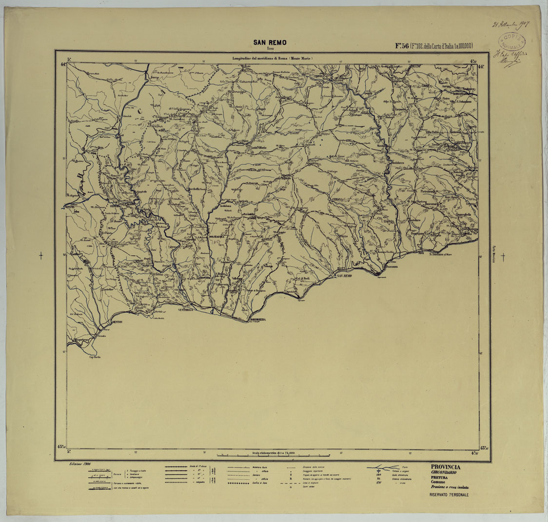 (N:25439) CARTA ITINERARIA D'ITALIA PER GLI ALPINI NORMALI D'ARCHIVIO CON AGGIORNAMENTO FINO AL 1910 EDIZIONE COMPLETA ANNO 1906 - FOGLIO 56 SAN REMO. (CA007960) Carte e stampe antiche: riproduzione a colori su carta (formato A1)