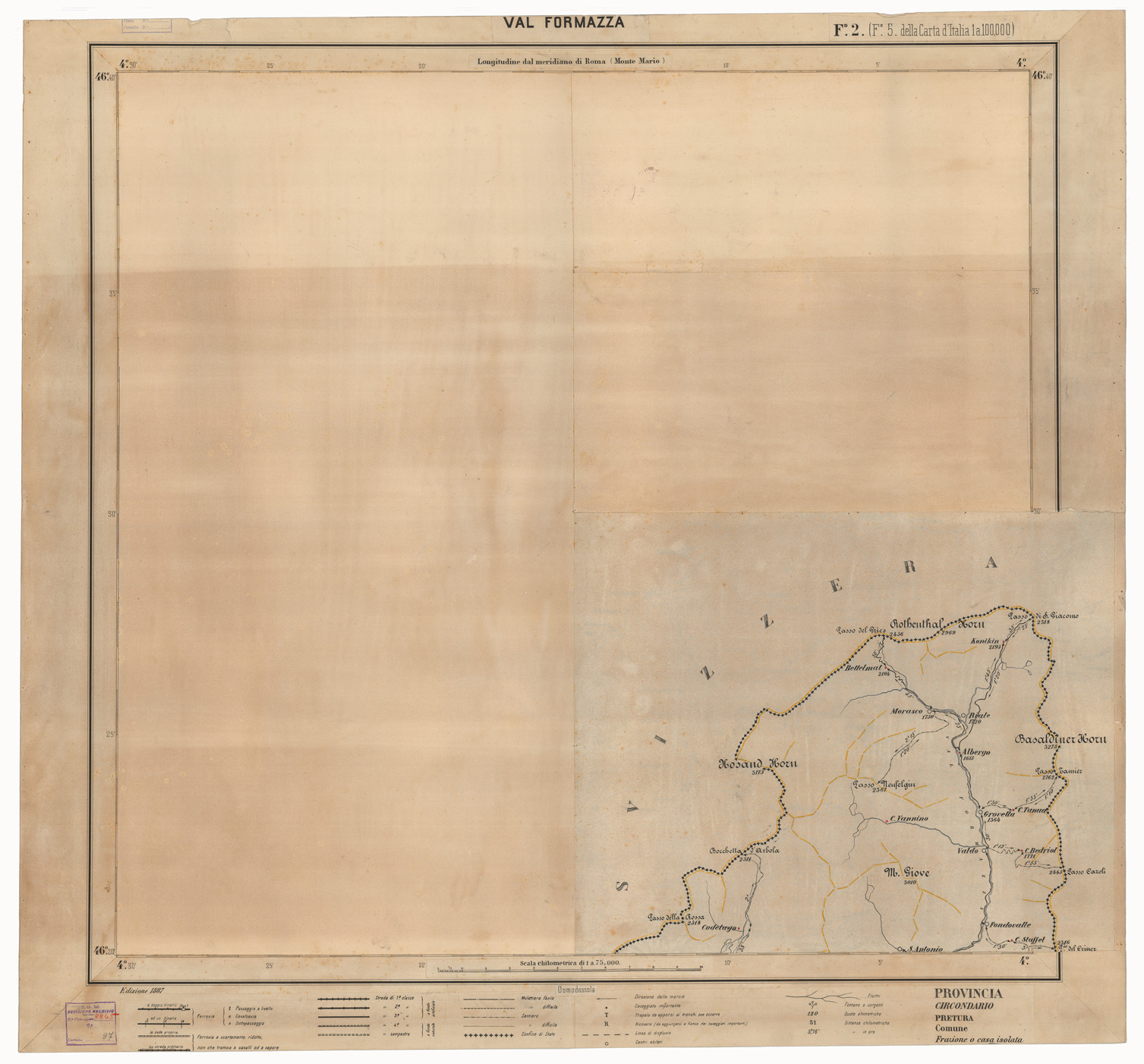(N:25322) CARTA ITINERARIA D'ITALIA EDIZIONE 1887 - FOGLIO 2  VAL FORMAZZA (CA007962) Carte e stampe antiche: riproduzione a colori su carta (formato A1)