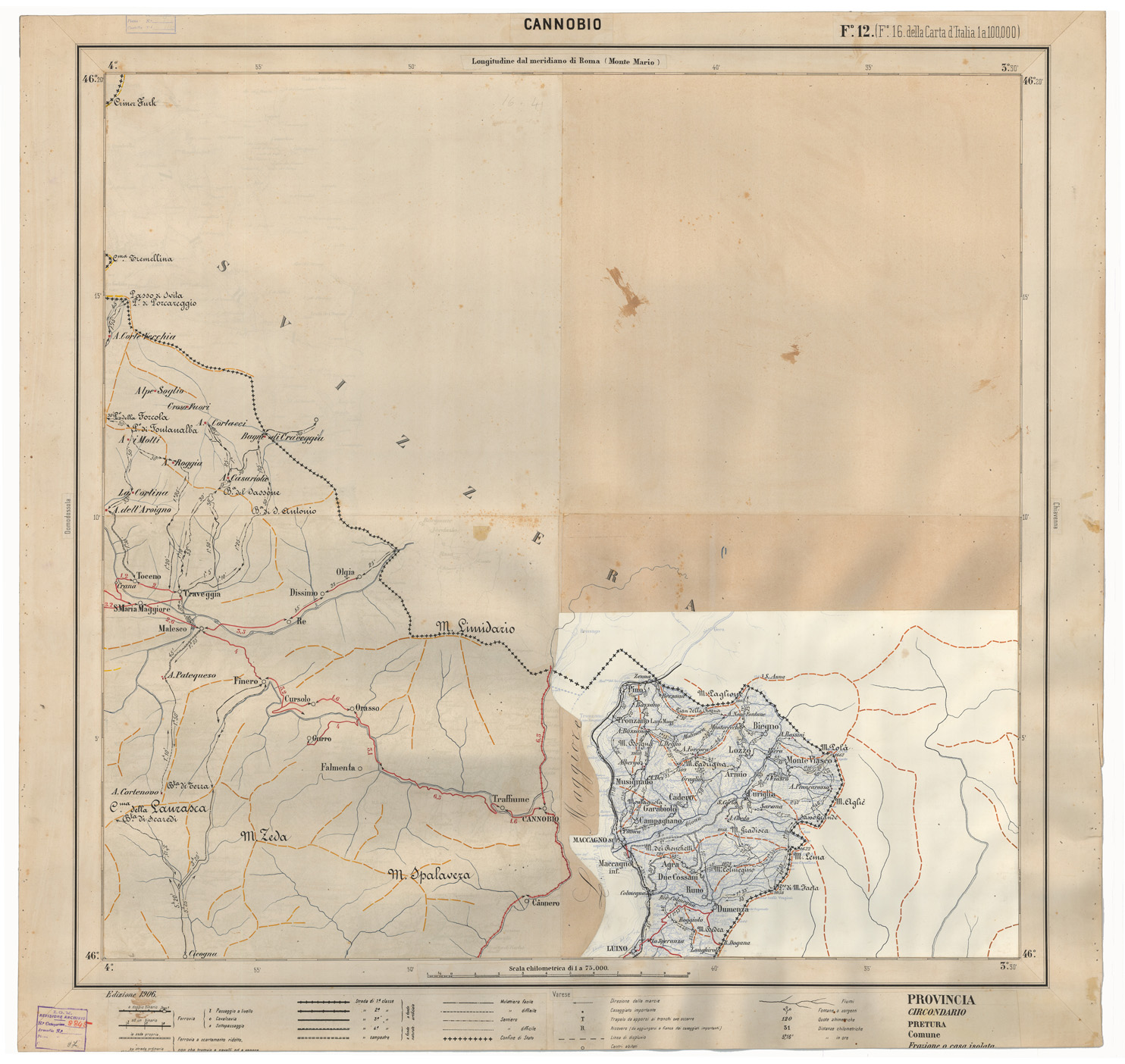 (N:25324) CARTA ITINERARIA D'ITALIA EDIZIONE 1906 - FOGLIO 12 CANNOBIO (CA007966) Carte e stampe antiche: riproduzione a colori su carta (formato A1)