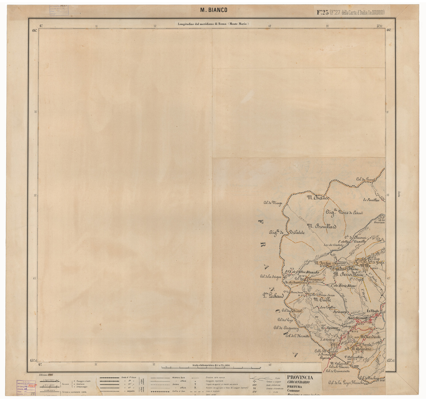 (N:25325) CARTA ITINERARIA D'ITALIA EDIZIONE 1906 - FOGLIO 23 M. BIANCO. (CA007968) Carte e stampe antiche: riproduzione a colori su carta (formato A1)