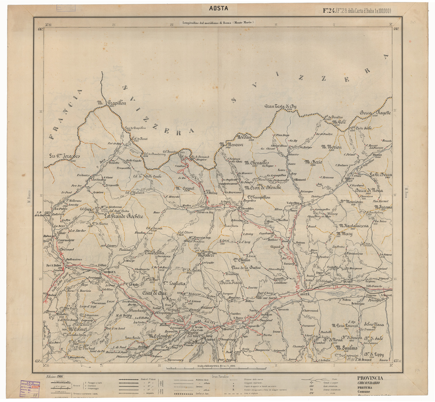 (N:25326) CARTA ITINERARIA D'ITALIA EDIZIONE 1906 - FOGLIO 24 AOSTA (CA007970) Carte e stampe antiche: riproduzione a colori su carta (formato A1)