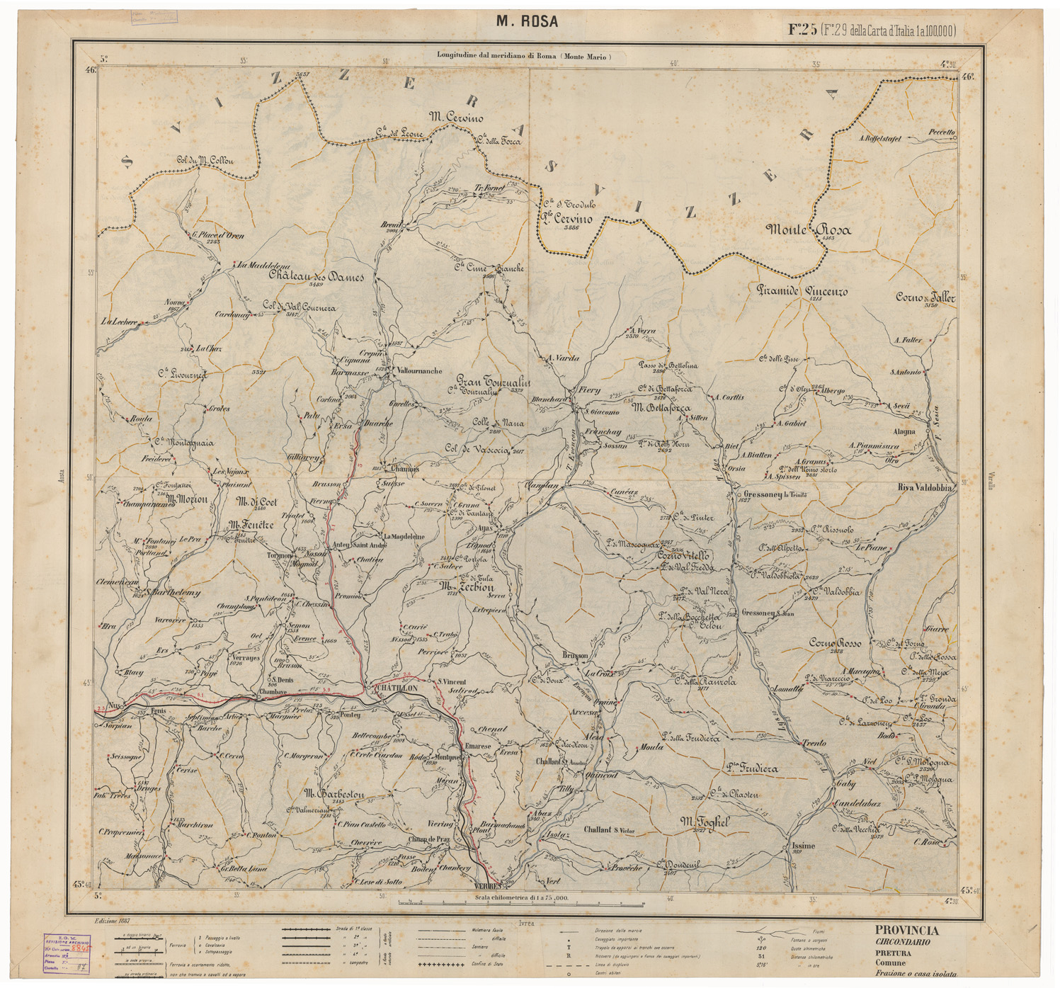 (N:25329) CARTA ITINERARIA D'ITALIA EDIZIONE 1887 - FOGLIO 25 M. ROSA (CA007972) Carte e stampe antiche: riproduzione a colori su carta (formato A1)