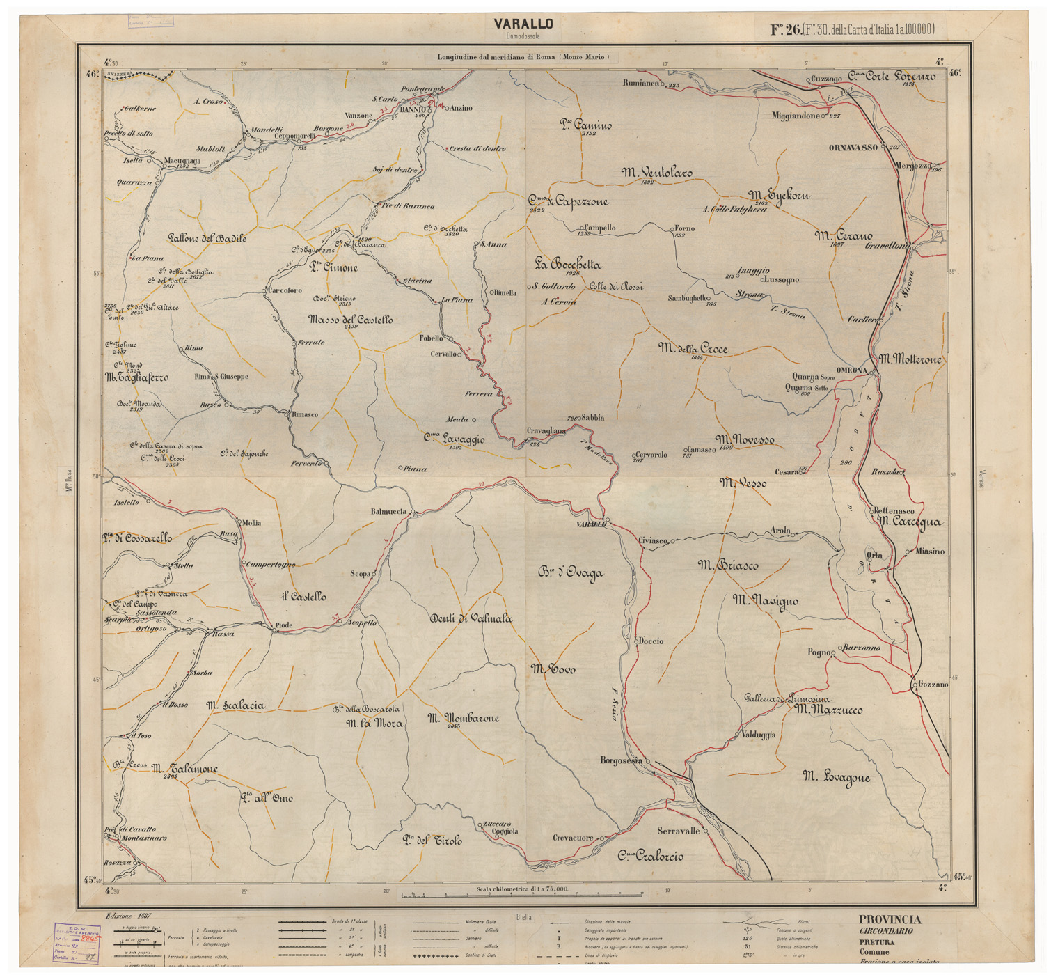 (N:25327) CARTA ITINERARIA D'ITALIA EDIZIONE 1887 - FOGLIO 26 VARALLO (CA007974) Carte e stampe antiche: riproduzione a colori su carta (formato A1)