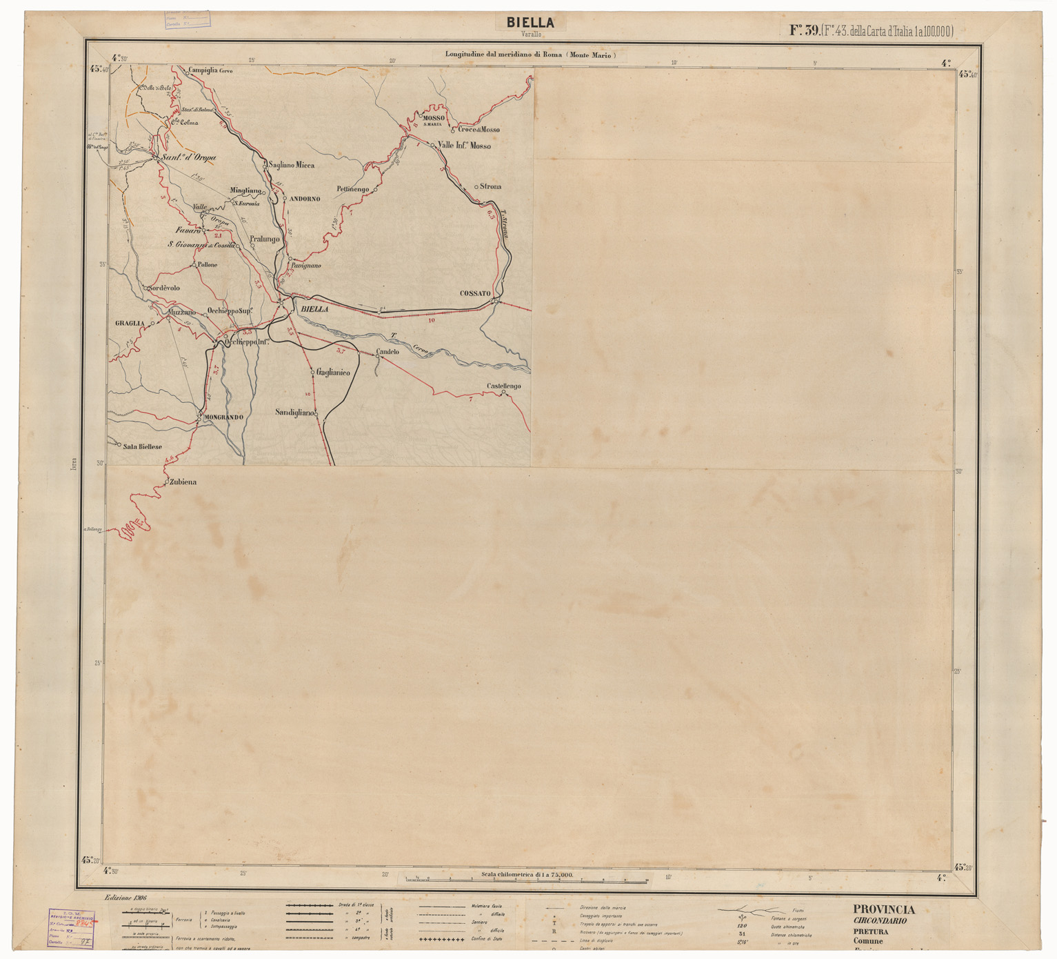 (N:25331) CARTA ITINERARIA D'ITALIA EDIZIONE 1906 - FOGLIO 39 BIELLA (CA007980) Carte e stampe antiche: riproduzione a colori su carta (formato A1)