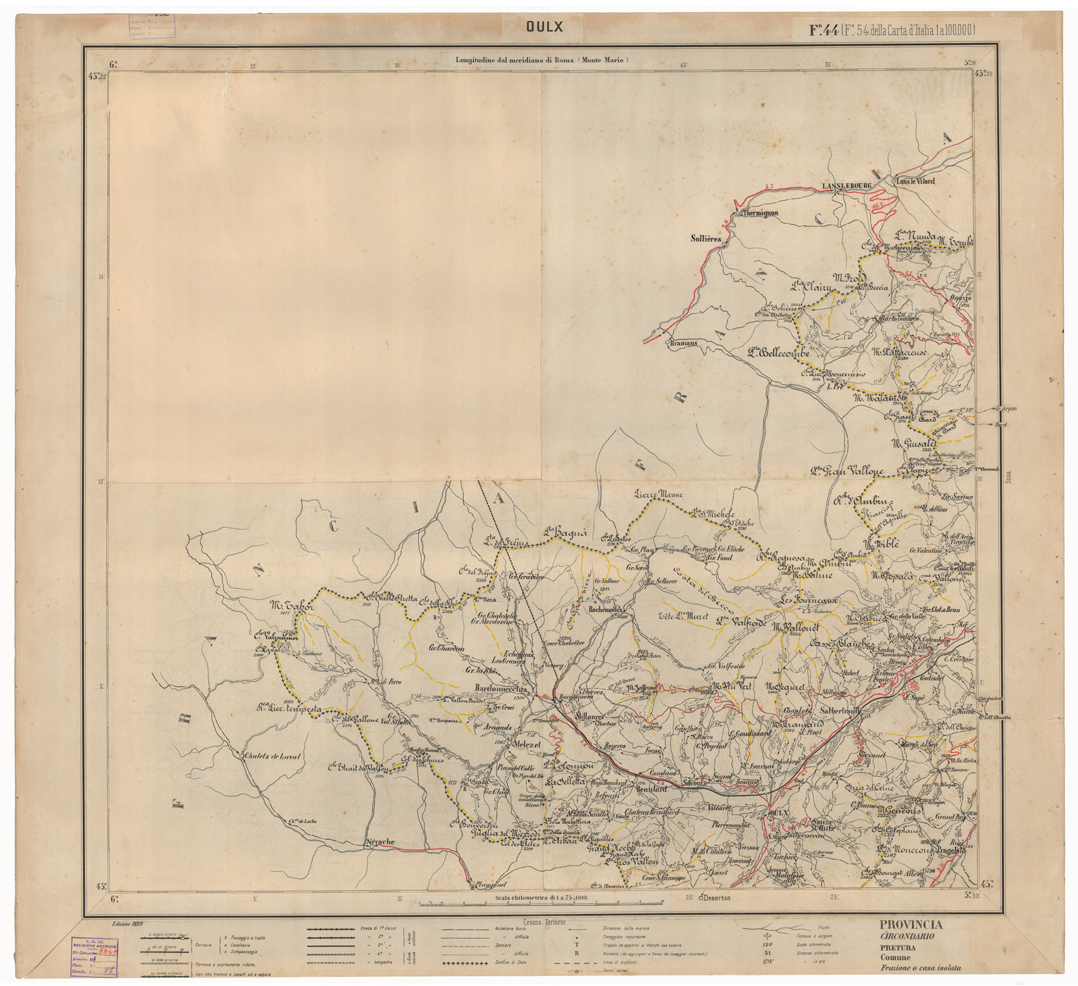 (N:17450) CARTA ITINERARIA D'ITALIA EDIZIONE 1899 - FOGLIO 44 OULX (CA007982) Carte e stampe antiche: riproduzione a colori su carta (formato A1)