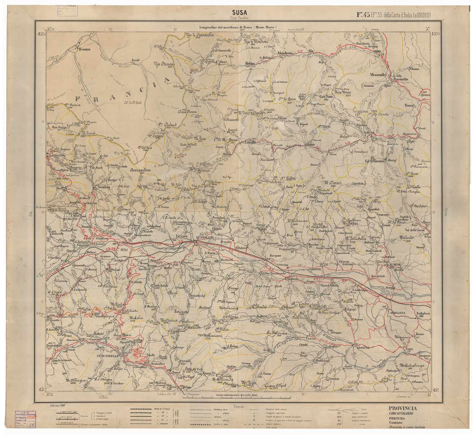 (N:17451) CARTA ITINERARIA D'ITALIA EDIZIONE 1906 FOGLIO 45 SUSA (CA007984) Carte e stampe antiche: riproduzione a colori su carta (formato A1)