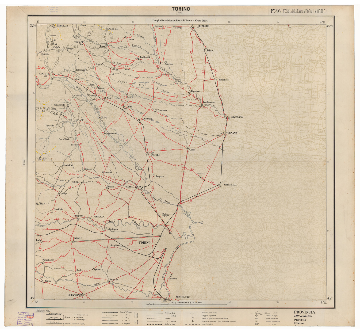 (N:17452) CARTA ITINERARIA D'ITALIA EDIZIONE 1887 - FOGLIO 46 TORINO (CA007986) Carte e stampe antiche: riproduzione a colori su carta (formato A1)