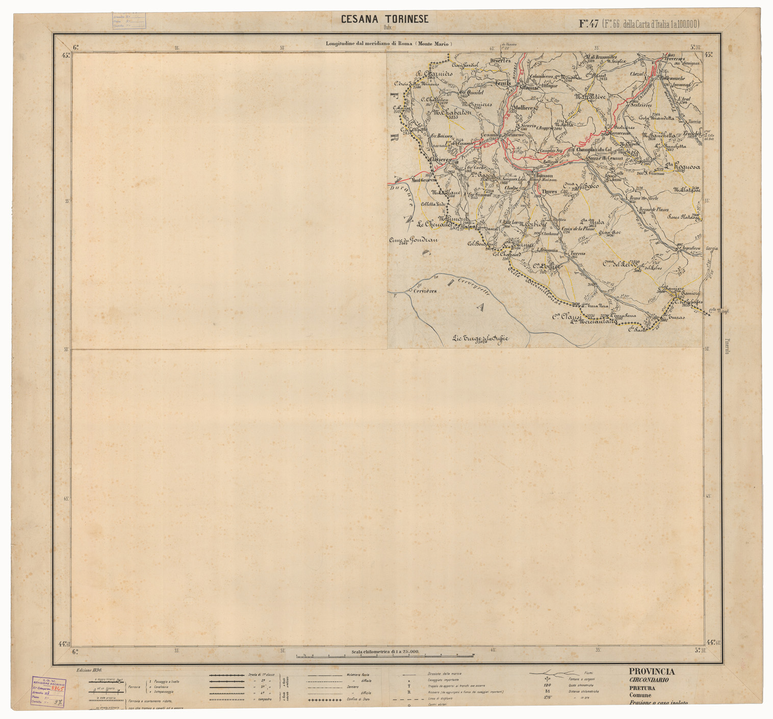 (N:17453) CARTA ITINERARIA D'ITALIA EDIZIONE 1896 - FOGLIO 47 CESANA TORINESE
 (CA007988) Carte e stampe antiche: riproduzione a colori su carta (formato A1)