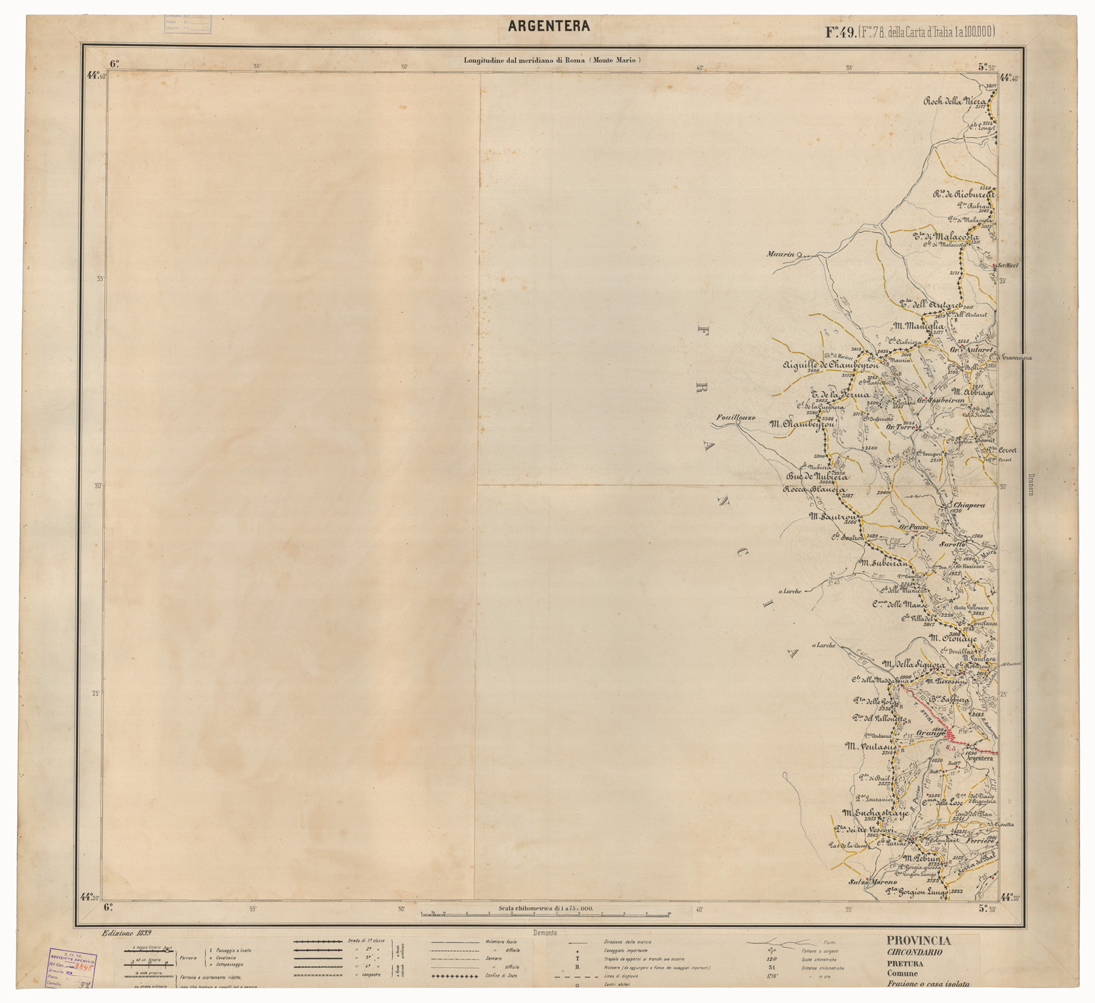 (N:17455) CARTA ITINERARIA D'ITALIA EDIZIONE 1899 - FOGLIO 49 ARGENTERA (CA007992) Carte e stampe antiche: riproduzione a colori su carta (formato A1)