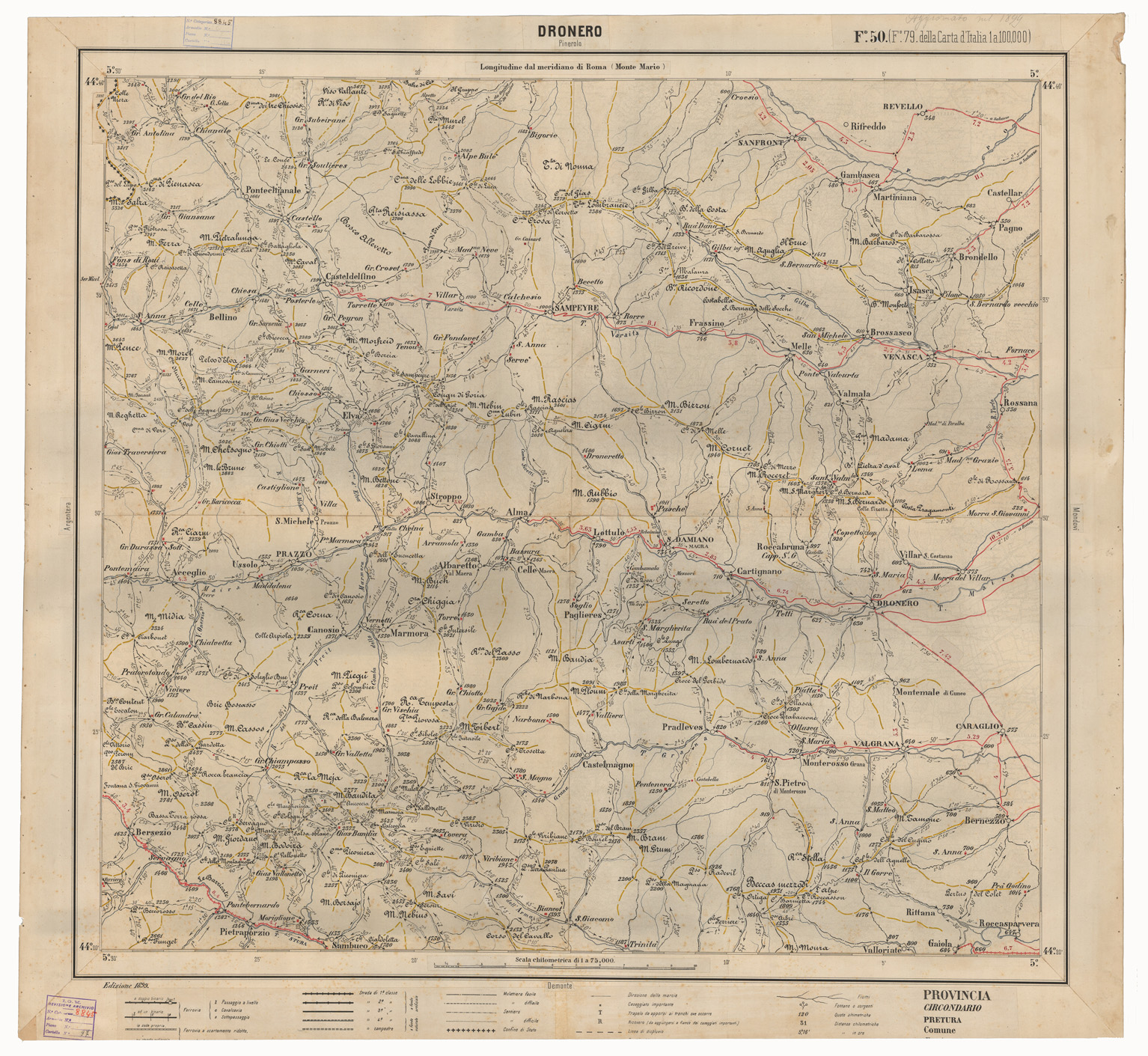 (N:17456) CARTA ITINERARIA D'ITALIA EDIZIONE 1899 - FOGLIO 50 DRONERO. (CA007994) Carte e stampe antiche: riproduzione a colori su carta (formato A1)