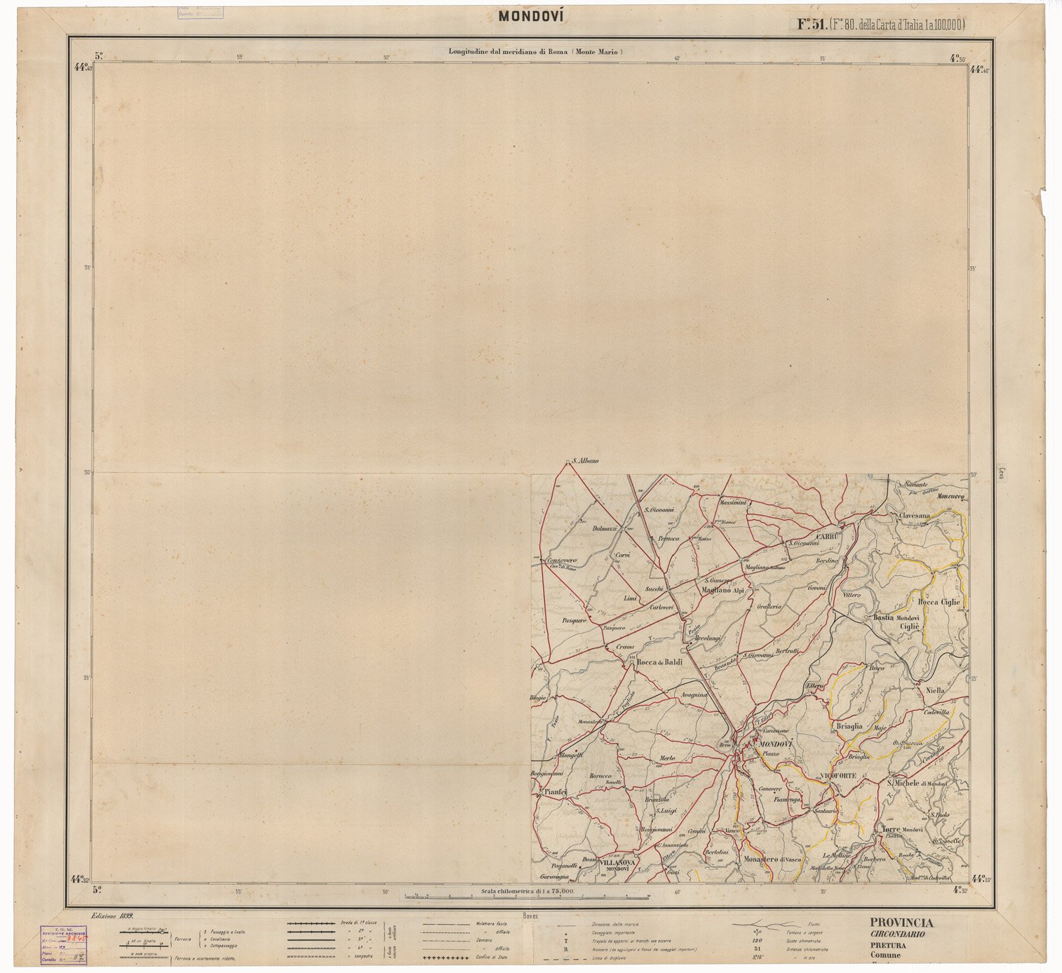 (N:17457) CARTA ITINERARIA D'ITALIA EDIZIONE 1899 - FOGLIO 51 MONDOVI' (CA007996) Carte e stampe antiche: riproduzione a colori su carta (formato A1)