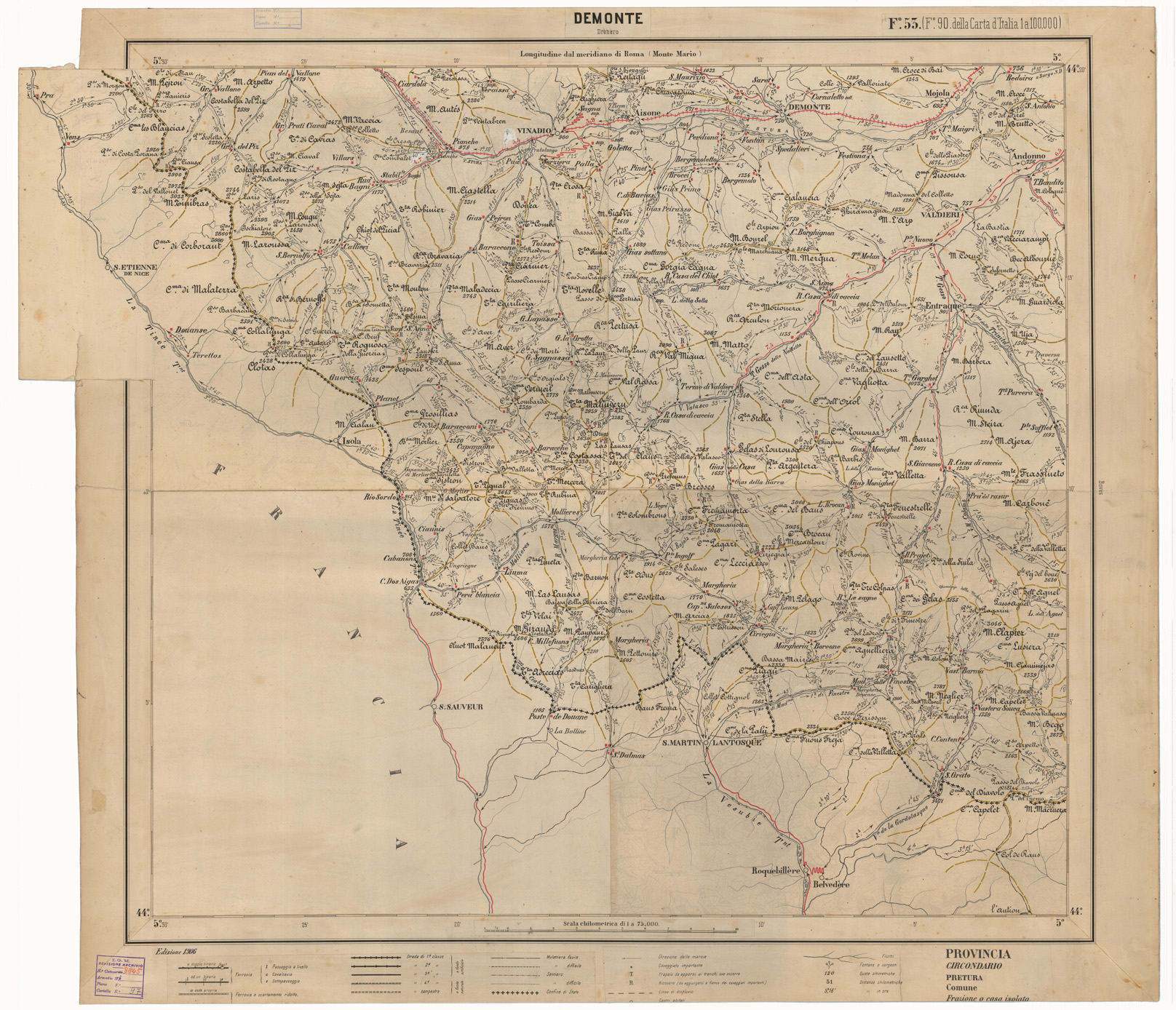 (N:17459) CARTA ITINERARIA D'ITALIA EDIZIONE 1906 - FOGLIO 53 DEMONTE (CA008000) Carte e stampe antiche: riproduzione a colori su carta (formato A1)