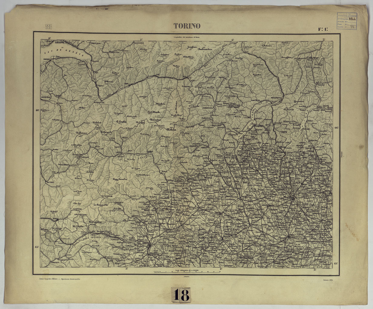 (N:17498) CARTA D'ITALIA - F. 1 TORINO. (CA008038) Carte e stampe antiche: riproduzione a colori su carta (formato A1)