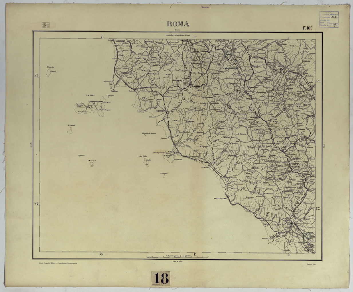 (N:708) CARTA D'ITALIA - F. 10 ROMA. (CA008046) Carte e stampe antiche: riproduzione a colori su carta (formato A1)