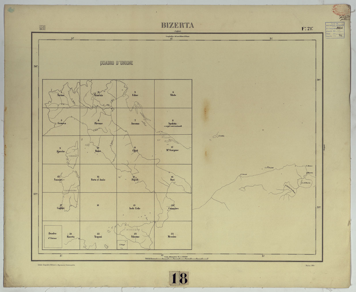 (N:17519) CARTA D'ITALIA - F. 21 QUADRO D'UNIONE BIZERTA. (CA008056) Carte e stampe antiche: riproduzione a colori su carta (formato A1)