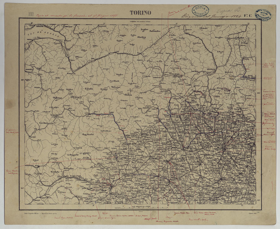 (N:17524) CARTA D'ITALIA COPIA AL CORRENTE PER LE FERROVIE - F.1 TORINO. (CA008060) Carte e stampe antiche: riproduzione a colori su carta (formato A1)