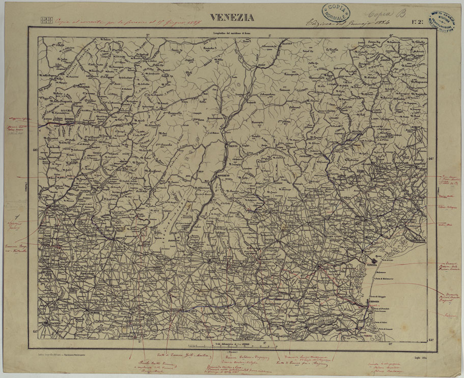 (N:17525) CARTA D'ITALIA COPIA AL CORRENTE PER LE FERROVIE - F.2 VENEZIA. (CA008061) Carte e stampe antiche: riproduzione a colori su carta (formato A1)