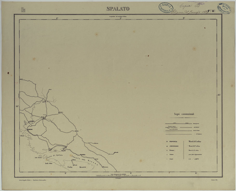 (N:17530) CARTA D'ITALIA COPIA AL CORRENTE PER LE FERROVIE - F.8 SPALATO. (CA008066) Carte e stampe antiche: riproduzione a colori su carta (formato A1)