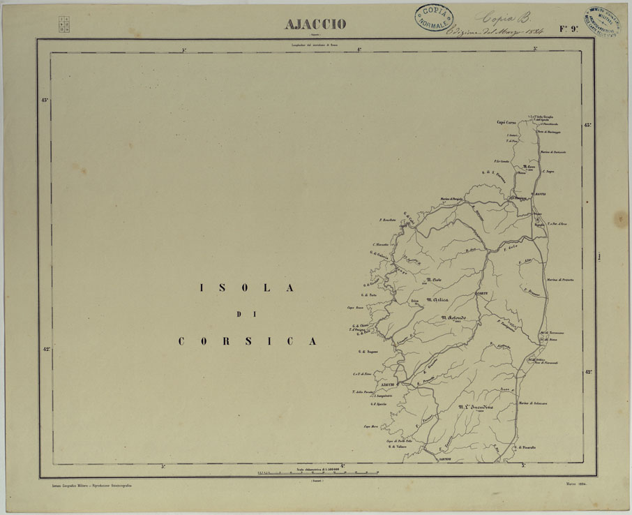 (N:17531) CARTA D'ITALIA COPIA AL CORRENTE PER LE FERROVIE - F.9 AJACCIO. (CA008067) Carte e stampe antiche: riproduzione a colori su carta (formato A1)