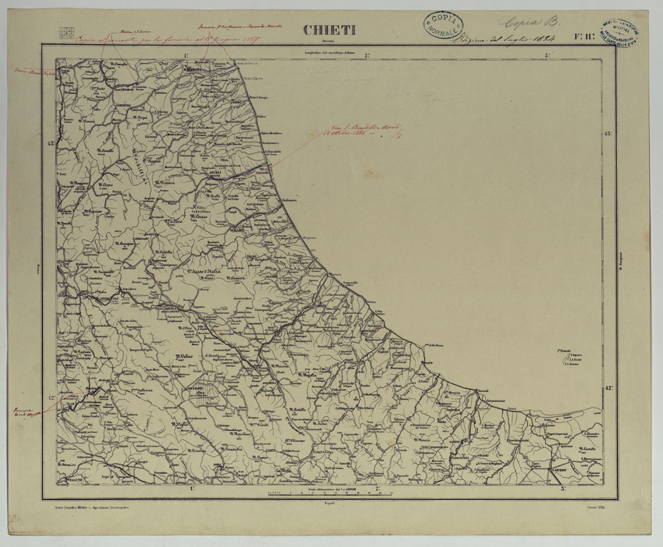 (N:17532) CARTA D'ITALIA COPIA AL CORRENTE PER LE FERROVIE - F.11 CHIETI. (CA008069) Carte e stampe antiche: riproduzione a colori su carta (formato A1)