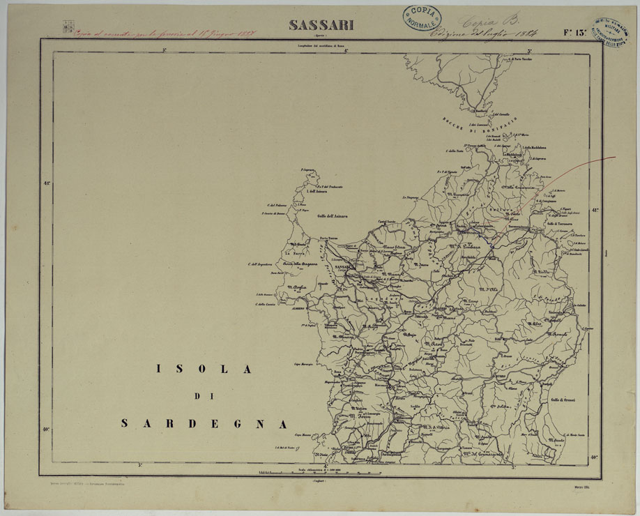 (N:17534) CARTA D'ITALIA COPIA AL CORRENTE PER LE FERROVIE - F.13 SASSARI. (CA008071) Carte e stampe antiche: riproduzione a colori su carta (formato A1)